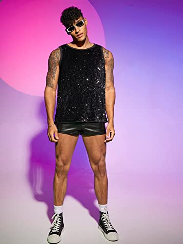 GORGLITTER Men's Sleeveless Contrast Binding Sequin Tank Top Round Neck Party Shirt Black Medium