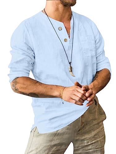 Uni Clau Men's Casual Cotton Linen Henley Shirts Long Sleeve Fashion Beach Shirt with Pocket Light Blue M