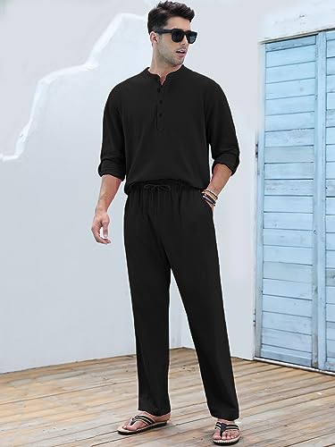 HANXMEN Men's 2 Pieces Cotton Linen Sets Henley Shirt Long Sleeve Beach Outfits and Casual Pants Suits with Pockets 3XL Black