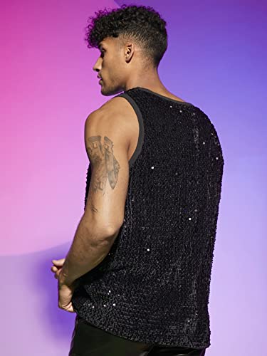 GORGLITTER Men's Sleeveless Contrast Binding Sequin Tank Top Round Neck Party Shirt Black Medium