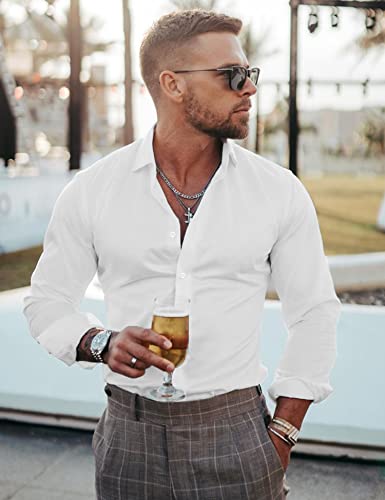 URRU Men's Muscle Dress Shirts Slim Fit Stretch Long Sleeve Casual Button Down Shirt White S
