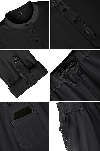 HANXMEN Men's 2 Pieces Cotton Linen Sets Henley Shirt Long Sleeve Beach Outfits and Casual Pants Suits with Pockets 3XL Black