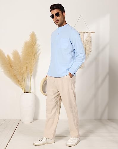 Uni Clau Men's Casual Cotton Linen Henley Shirts Long Sleeve Fashion Beach Shirt with Pocket Light Blue M
