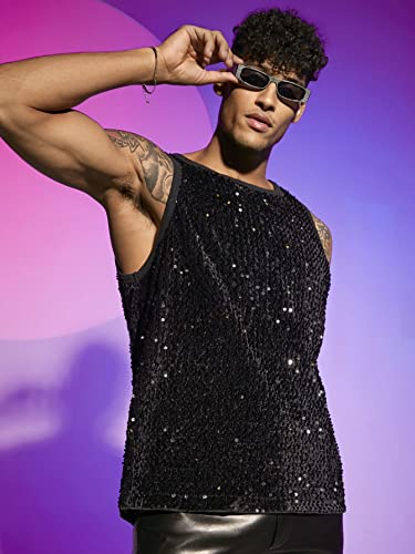 GORGLITTER Men's Sleeveless Contrast Binding Sequin Tank Top Round Neck Party Shirt Black Medium