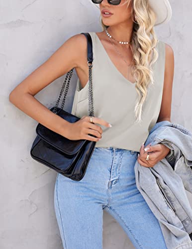 Women's Casual V Neck Sleeveless Tank Tops Silk Cami Basic Camisole Tank Blouses Summer Shirt Misty Grey