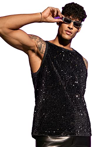 GORGLITTER Men's Sleeveless Contrast Binding Sequin Tank Top Round Neck Party Shirt Black Medium