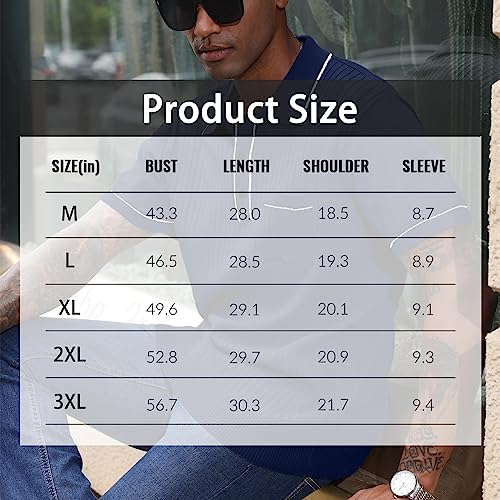 Men's Knit Polo Shirts Casual Short Sleeve Lightweight Ribbed Golf Shirts Texture Tops with Pocket Navy Blue 3XL
