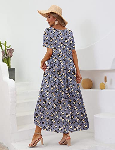 YESNO Women Casual Loose Bohemian Floral Dress with Pockets Short Sleeve Long Maxi Summer Beach Swing Dress 5XL EJF CR08 Purple