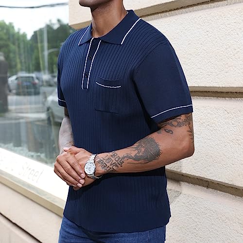Men's Knit Polo Shirts Casual Short Sleeve Lightweight Ribbed Golf Shirts Texture Tops with Pocket Navy Blue 3XL