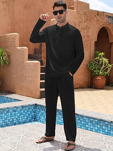 HANXMEN Men's 2 Pieces Cotton Linen Sets Henley Shirt Long Sleeve Beach Outfits and Casual Pants Suits with Pockets 3XL Black