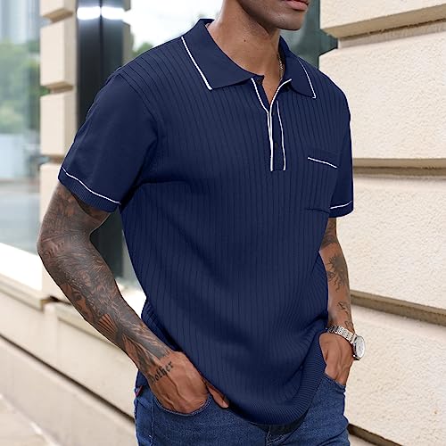 Men's Knit Polo Shirts Casual Short Sleeve Lightweight Ribbed Golf Shirts Texture Tops with Pocket Navy Blue 3XL