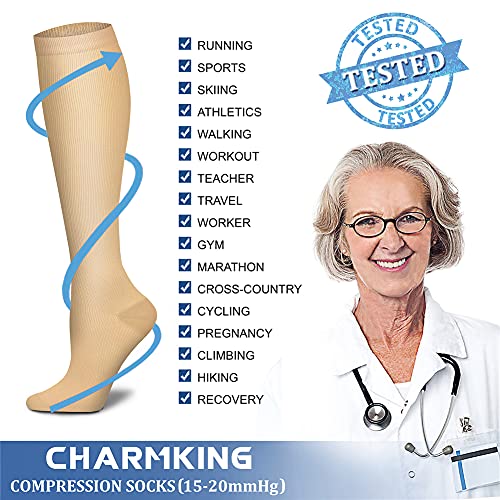CHARMKING Compression Socks for Women & Men Circulation (3 Pairs) 15-20 mmHg is Best Athletic for Running, Flight Travel, Support, Cycling, Pregnant - Boost Performance, Durability (L/XL, Nude)
