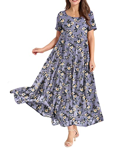 YESNO Women Casual Loose Bohemian Floral Dress with Pockets Short Sleeve Long Maxi Summer Beach Swing Dress 5XL EJF CR08 Purple