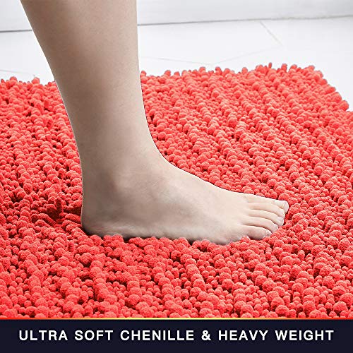 Walensee Bathroom Rug Non Slip Bath Mat (44x24 Inch Coral) Water Absorbent Super Soft Shaggy Chenille Machine Washable Dry Extra Thick Perfect Absorbant Best Large Plush Carpet for Shower Floor