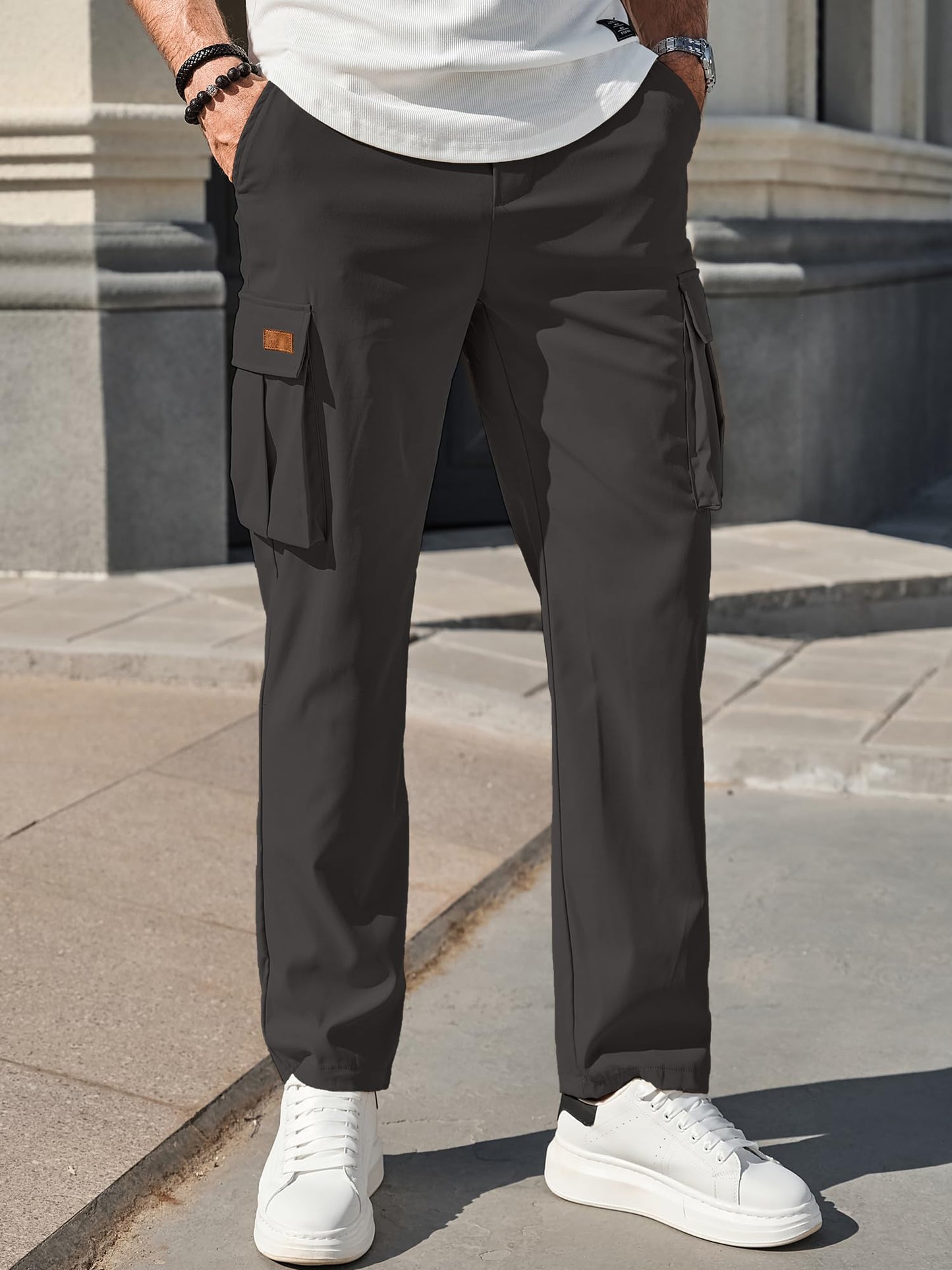 Comdecevis Men's Casual Cargo Pants Workout Joggers Stretch Sweatpants Hiking Drawstring Tactical Pants with Multi Pockets Dark Grey