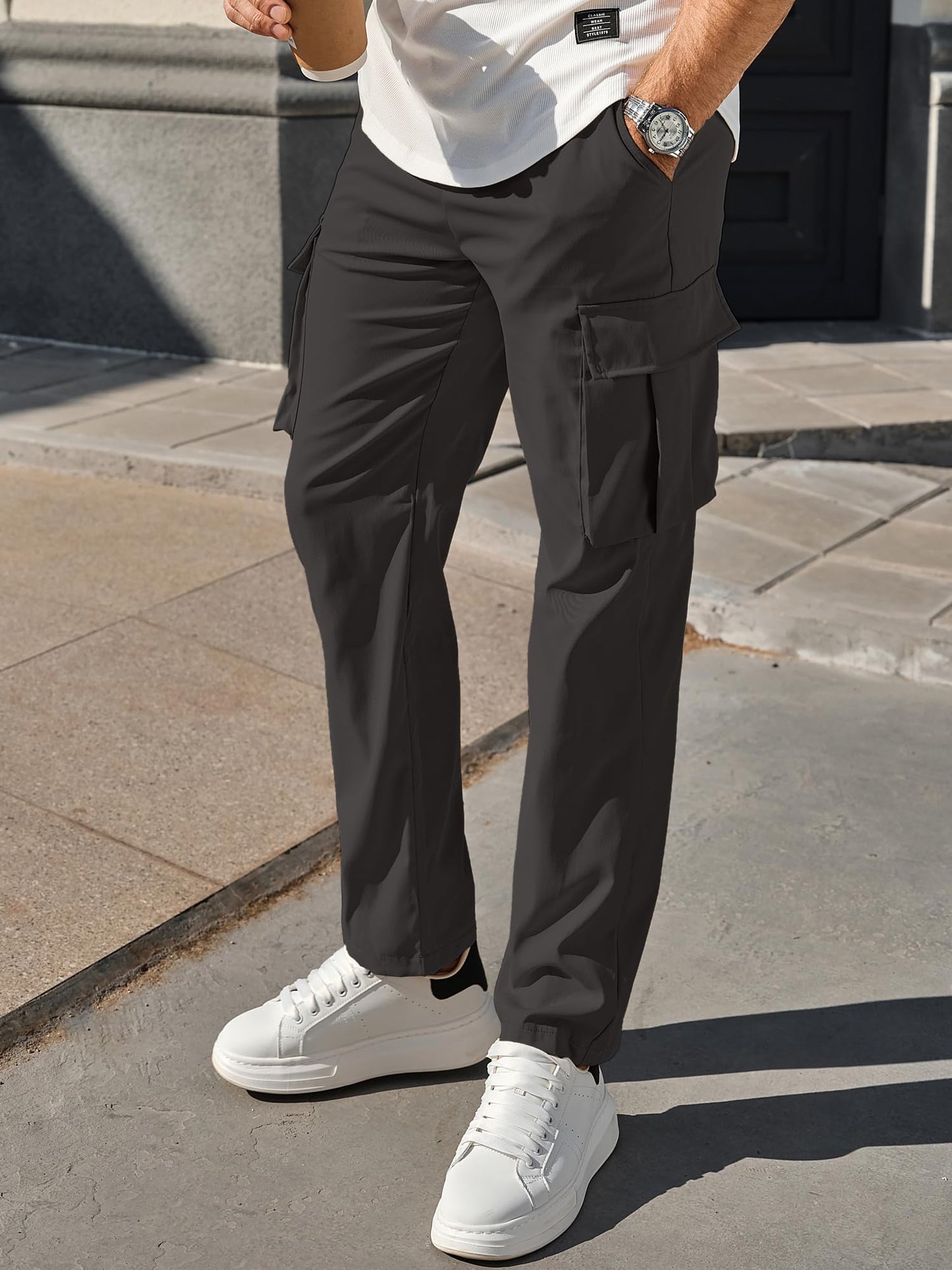 Comdecevis Men's Casual Cargo Pants Workout Joggers Stretch Sweatpants Hiking Drawstring Tactical Pants with Multi Pockets Dark Grey
