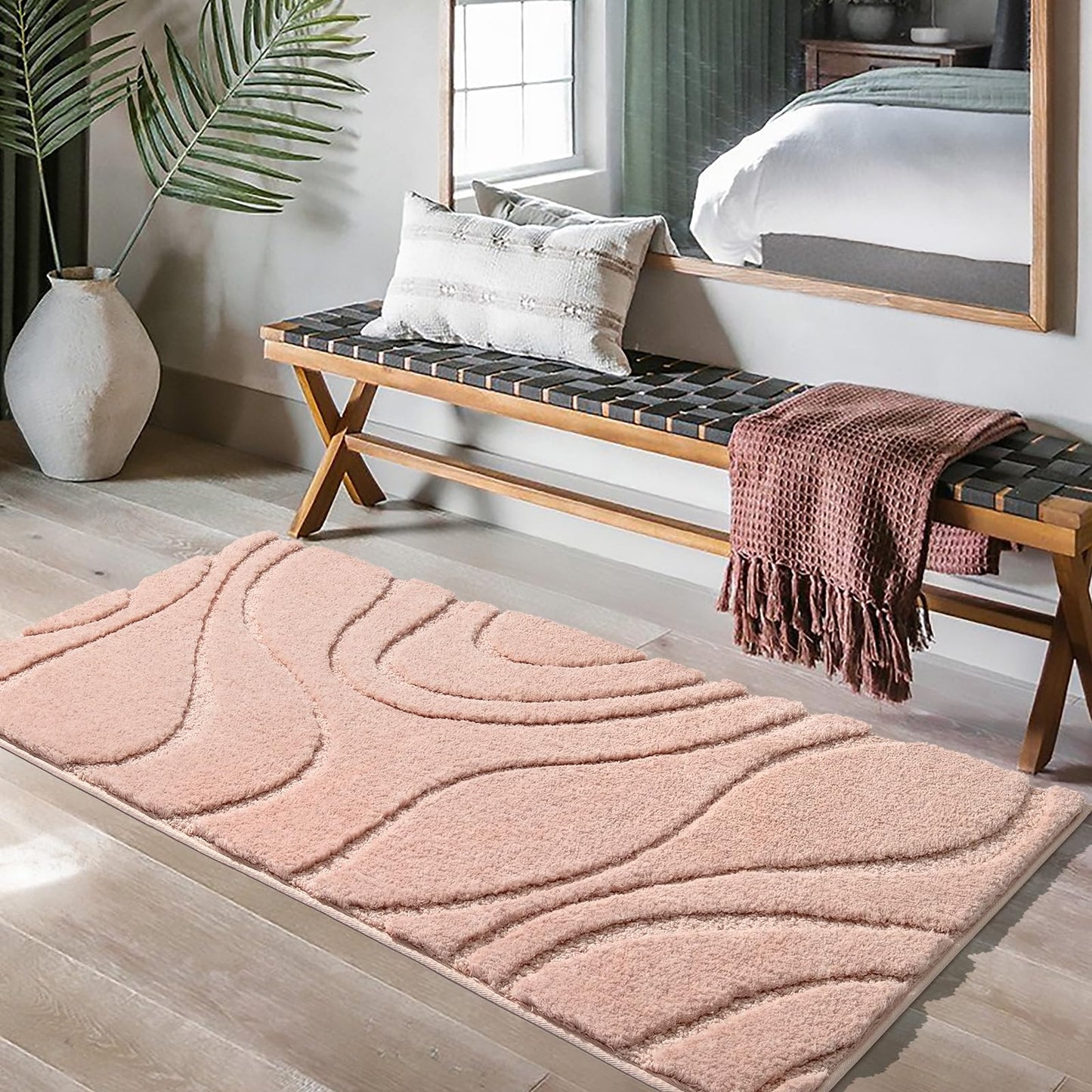 DEXDE Bathroom Rugs Mat, Soft Plush Shaggy Microfiber Bath Rug, Non Slip Bath Mats for Bathroom Runner Floor, Machine Washable Absorbent Carpet for Shower Tub, Pink 24"x47"