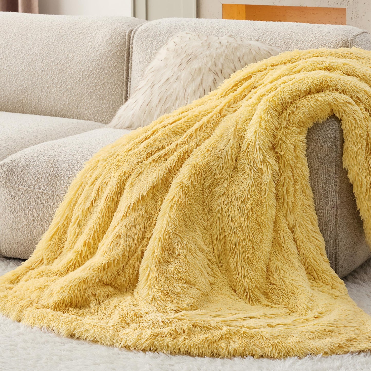 Bedsure Soft Fuzzy Faux Fur Throw Blanket Light Yellow – Cozy, Fluffy, Plush Sherpa Fleece Blanket, Furry, Shaggy Blanket for Couch, Bed, Sofa, Thick Warm Blankets for Women, 50x60 Inches, 640 GSM