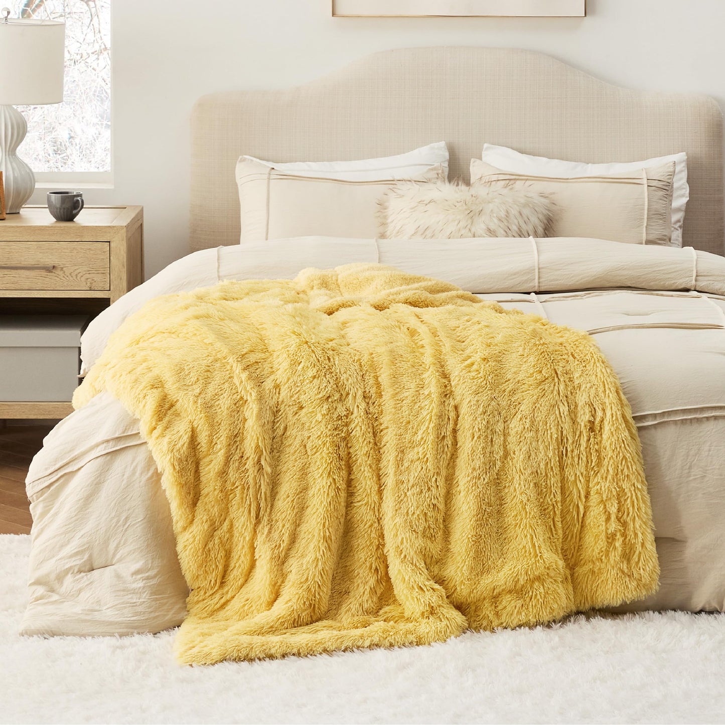 Bedsure Soft Fuzzy Faux Fur Throw Blanket Light Yellow – Cozy, Fluffy, Plush Sherpa Fleece Blanket, Furry, Shaggy Blanket for Couch, Bed, Sofa, Thick Warm Blankets for Women, 50x60 Inches, 640 GSM