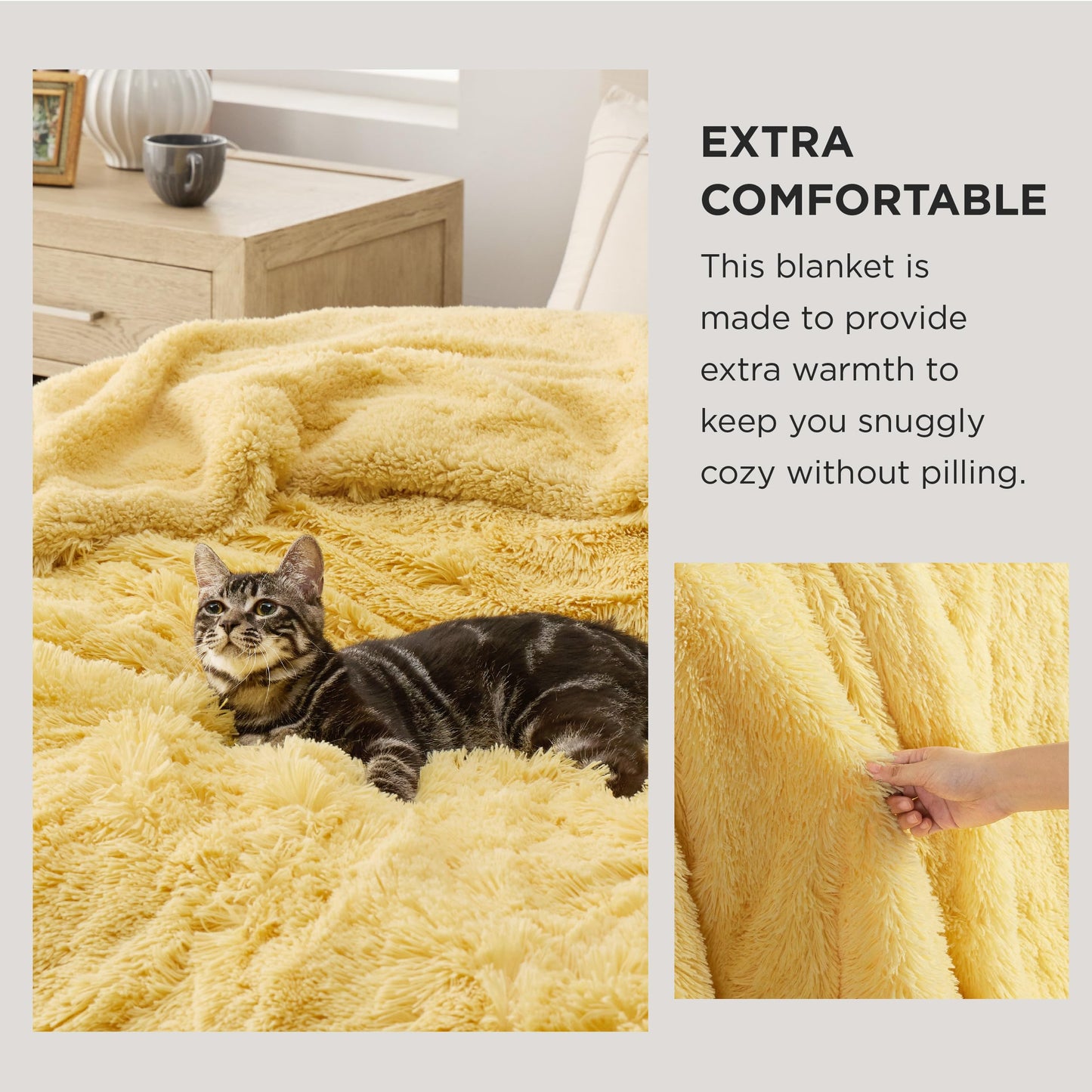 Bedsure Soft Fuzzy Faux Fur Throw Blanket Light Yellow – Cozy, Fluffy, Plush Sherpa Fleece Blanket, Furry, Shaggy Blanket for Couch, Bed, Sofa, Thick Warm Blankets for Women, 50x60 Inches, 640 GSM