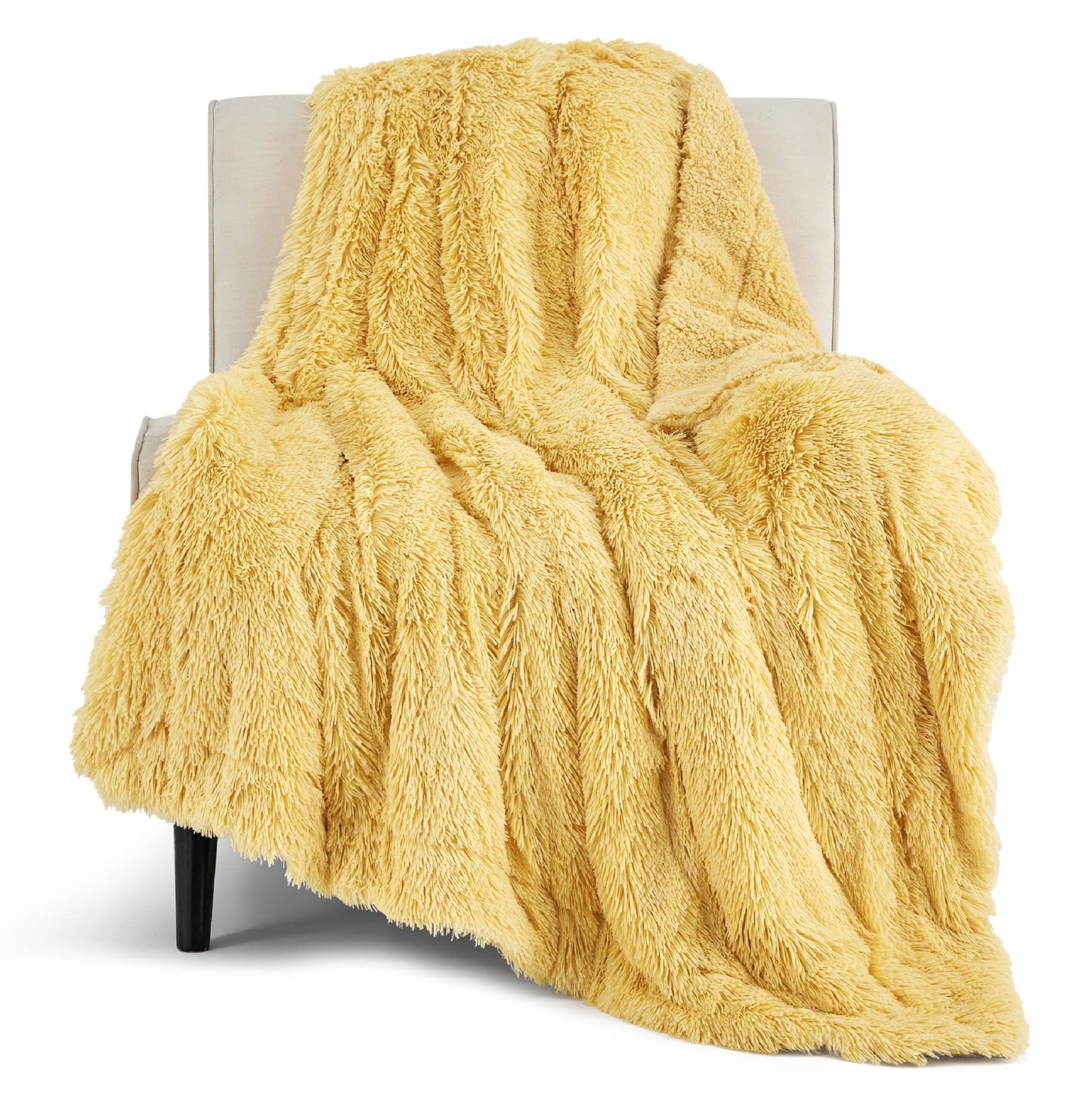 Bedsure Soft Fuzzy Faux Fur Throw Blanket Light Yellow – Cozy, Fluffy, Plush Sherpa Fleece Blanket, Furry, Shaggy Blanket for Couch, Bed, Sofa, Thick Warm Blankets for Women, 50x60 Inches, 640 GSM