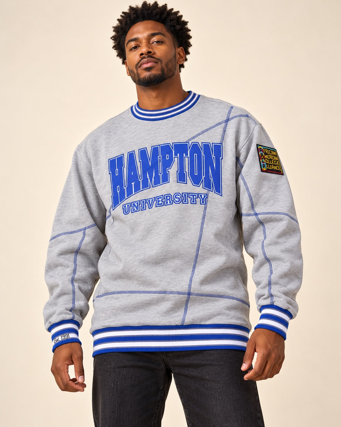 Hampton University Original '92 "Frankenstein" Crewneck MDH. GREY/Royal Blue