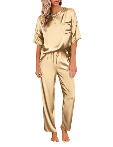 Ekouaer Womens Silk Satin Pajamas Set Two Piece Pj Sets Sleepwear Loungewear Short Sleeve Pj Sets Gold