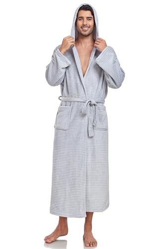 VOGMATE Mens Fleece Robe Hooded Plush Bathrobe Fluffy Full Length Soft Warm Long House Robe Terry Cloth Spa Robes Stripe Grey L-XL