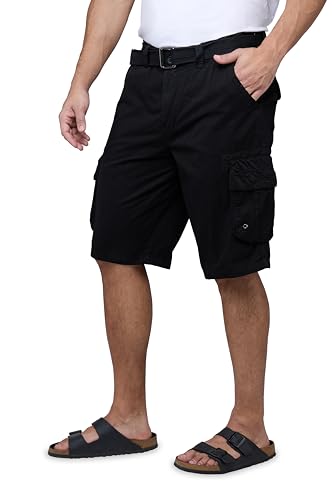 RAW X Mens Belted Cargo Shorts, Relaxed Fit Casual Knee Length Cargo Shorts for Men, Black, 28