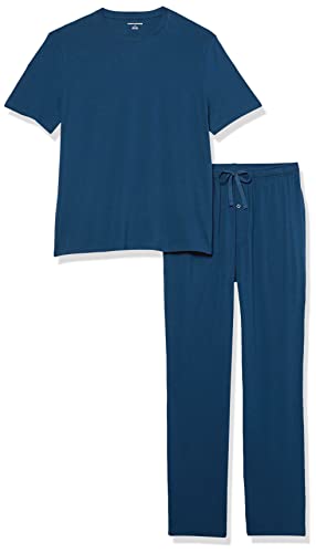 Amazon Essentials Men's Cotton Modal T-Shirt and Full-Length Bottom Pajama Set, Dark Blue, Large