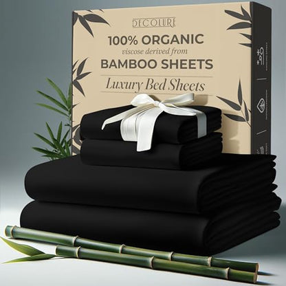DECOLURE 100% Organic Viscose Derived from Bamboo Sheets King Size 4pcs - Ultra Soft & Luxuriously Cooling, 17" Deep Pocket, Double Stitching, Perfect for Hot Sleepers - King Bed Sheets (Black)