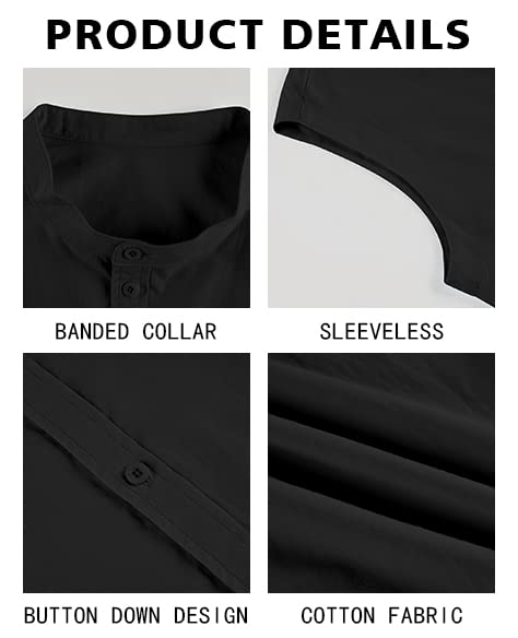 Bbalizko Mens Sleeveless Button Down Shirts Linen Cotton Summer Beach Basic Tank T-Shirt Tops (Large, Z-Black)