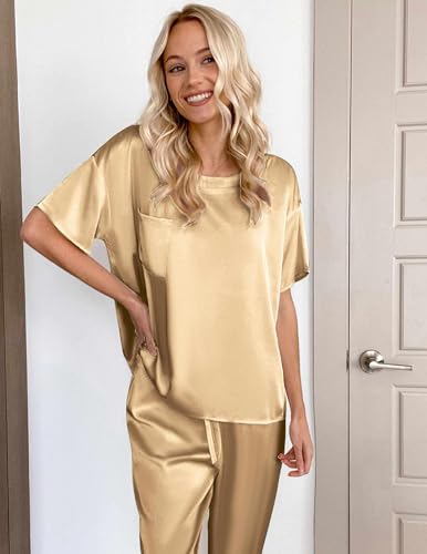 Ekouaer Womens Silk Satin Pajamas Set Two Piece Pj Sets Sleepwear Loungewear Short Sleeve Pj Sets Gold