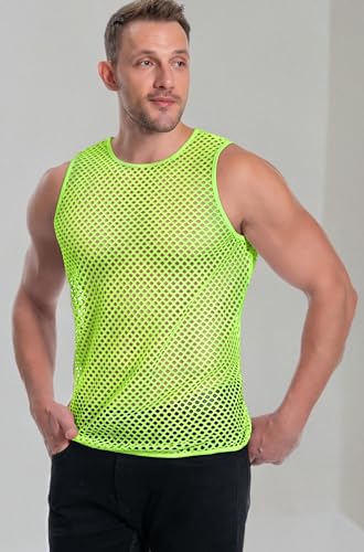 Mesh Fishnet Tank Tops See Through Sleeveless Muscle Rave Shirts for Men(Fluorescent Green,L)