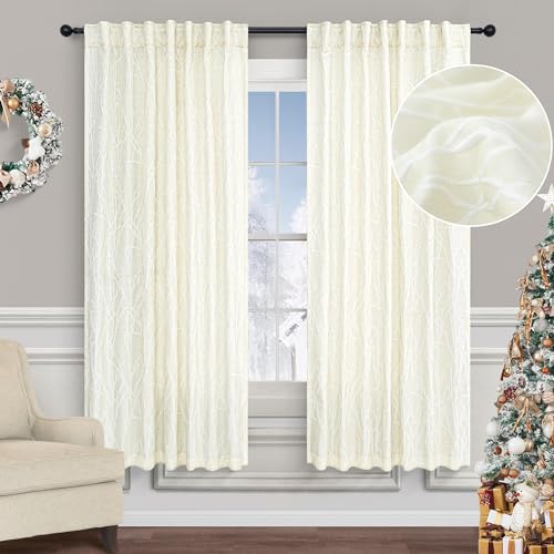 Pitalk Ivory Curtains 63 Inch Length for Bedroom 2 Panels Set Back Tab Pocket Linen Tree Branch Print Embossed Embroidered Patterned Privacy Cream White Curtain for Kitchen 50% Blackout Room Darkening