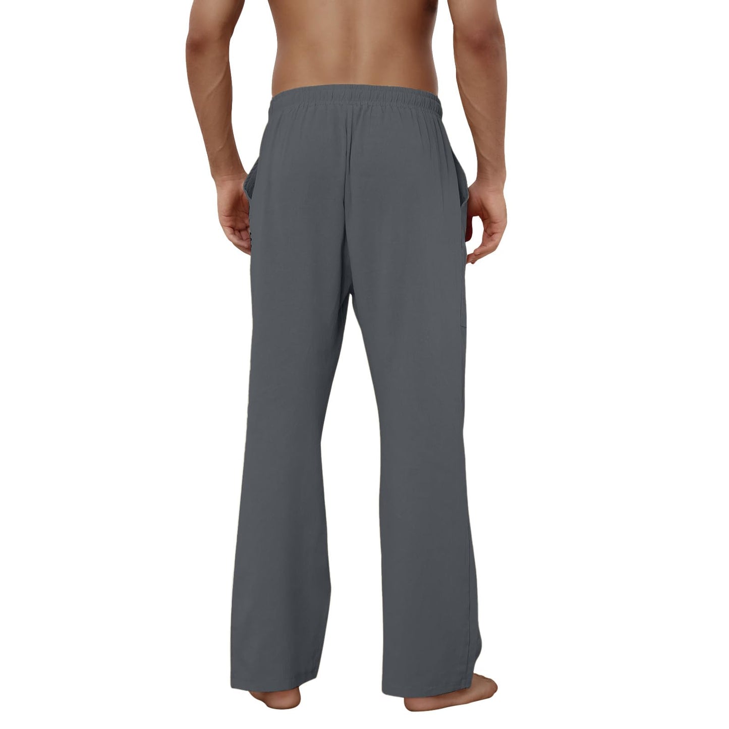 Puimentiua Cotton Linen Pants Men Casual Loose Fit Elastic Drawstring Waist Summer Beach Pants(Dark Gray,L)