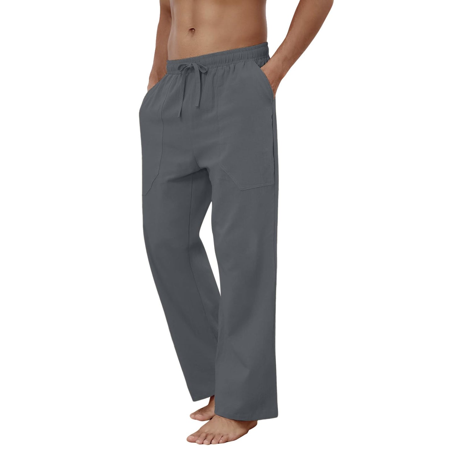 Puimentiua Cotton Linen Pants Men Casual Loose Fit Elastic Drawstring Waist Summer Beach Pants(Dark Gray,L)