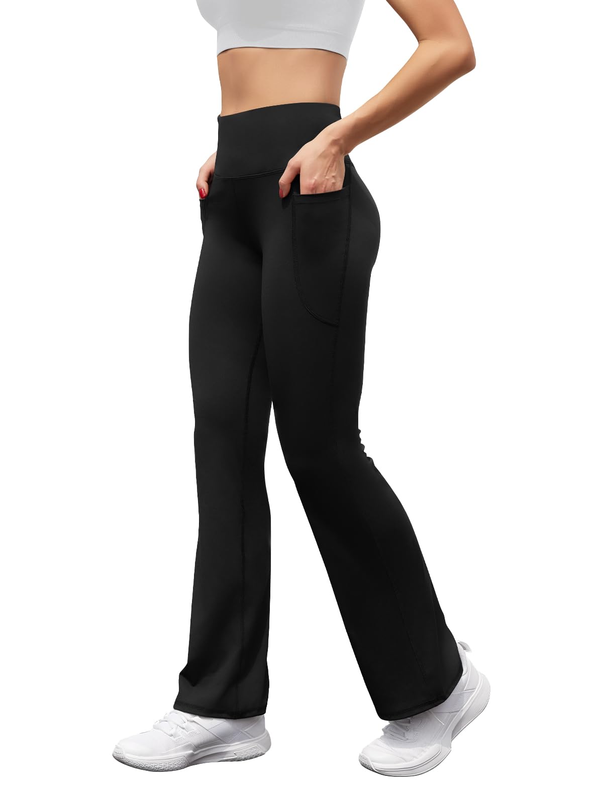 SEAJOJO Women's High Waist Flare Yoga Pants Tummy Control Casual Bootcut Leggings with Side Pockets Black