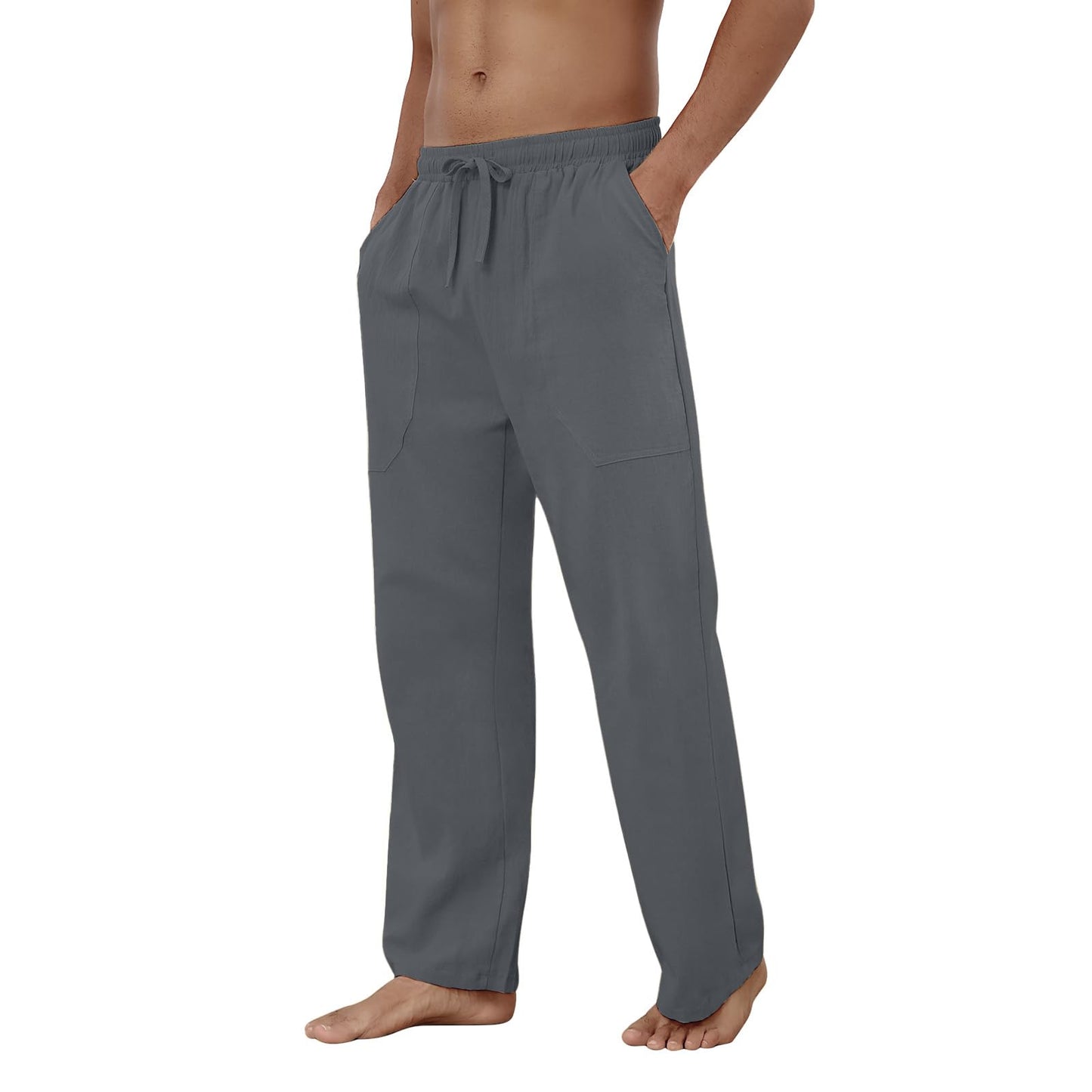 Puimentiua Cotton Linen Pants Men Casual Loose Fit Elastic Drawstring Waist Summer Beach Pants(Dark Gray,L)