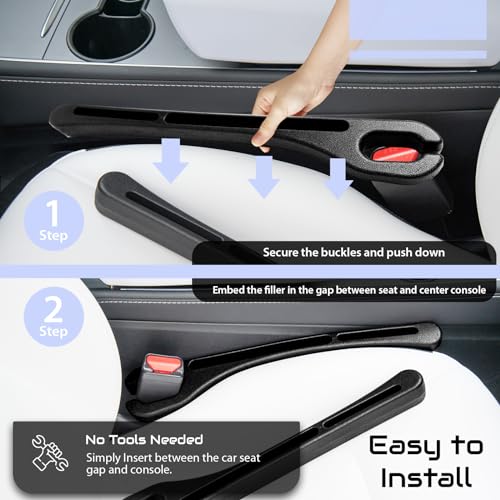 Add-On Car Seat Gap Filler 2 Pack with Seat Belt Holes, Auto Crevice Blockers 2PCS Fill Gap in Between Seat and Console, Universal car Gap Filler, Tesla Model 3 Y Accessories, Black