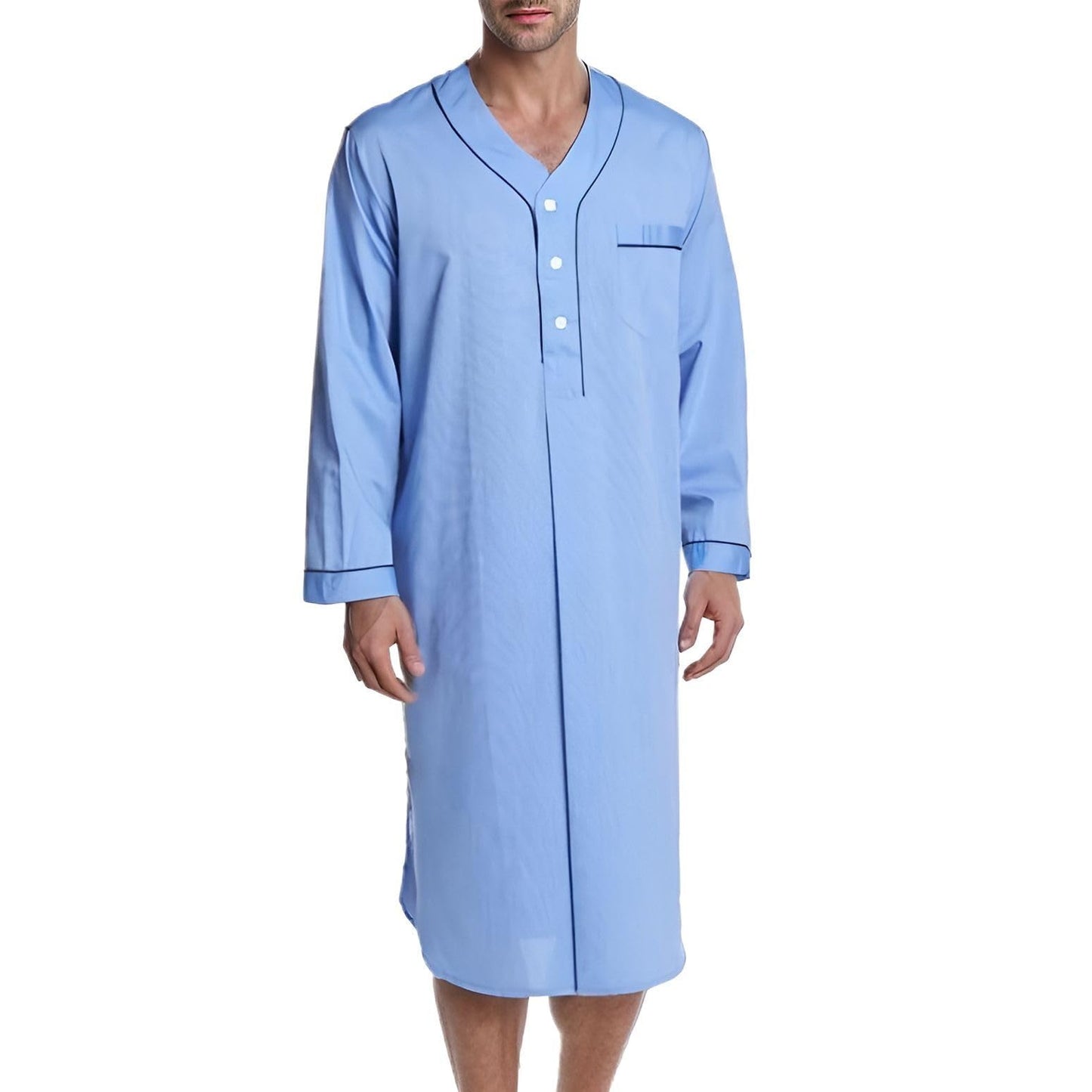 Xijadi Men's Nightshirt Cotton Night Shirt Thin Long Sleeve Henley Neck Button Spring Fall Sleepwear Soft Nightgown for Sleeping Knee Length Pajama Dress Loose Sleep Shirt Light Blue Large