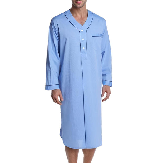 Xijadi Men's Nightshirt Cotton Night Shirt Thin Long Sleeve Henley Neck Button Spring Fall Sleepwear Soft Nightgown for Sleeping Knee Length Pajama Dress Loose Sleep Shirt Light Blue Large