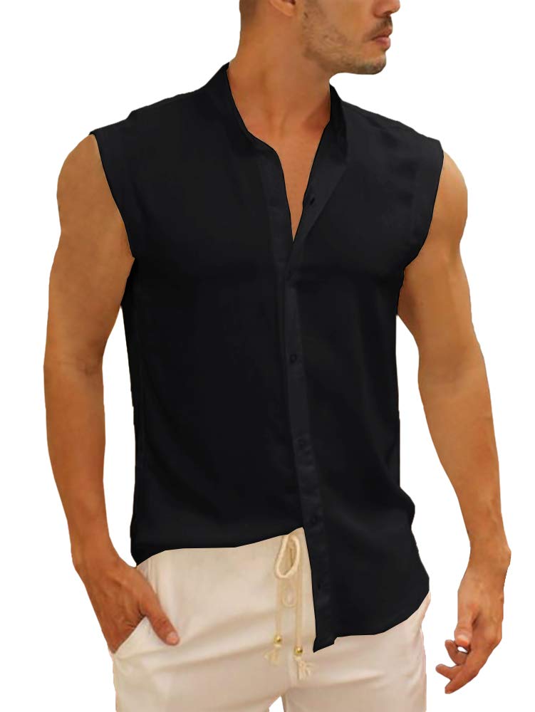 Bbalizko Mens Sleeveless Button Down Shirts Linen Cotton Summer Beach Basic Tank T-Shirt Tops (Large, Z-Black)