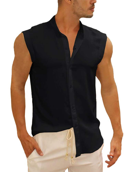 Bbalizko Mens Sleeveless Button Down Shirts Linen Cotton Summer Beach Basic Tank T-Shirt Tops (Large, Z-Black)