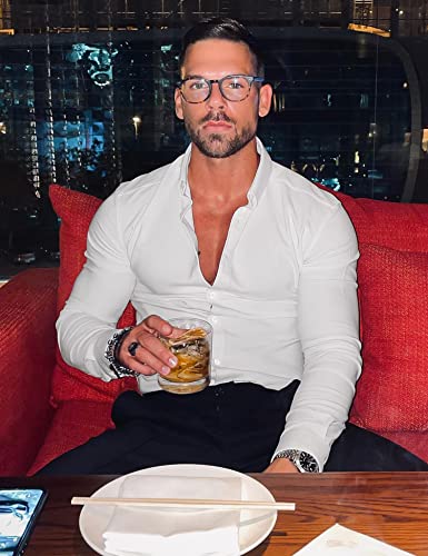 URRU Men's Muscle Dress Shirts Slim Fit Stretch Long Sleeve Casual Button Down Shirt White L