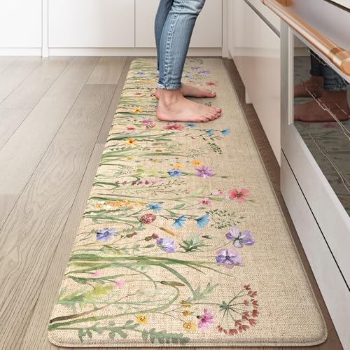 KIMODE Anti Fatigue Kitchen Mat, Cushioned Farmhouse Kitchen Runner, Non Slip Waterproof Kitchen Mat for Floor, Memory Foam Standing Desk Mat for Laundry, Office, Sink Brown 17.3"x59"