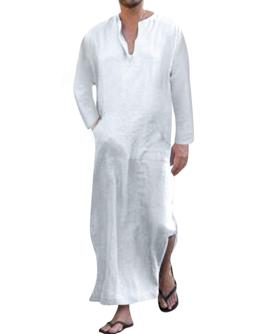 Jacansi Men's Cotton Long Sleeve V neck Solid Side Slit Middle East Long Thobe White #1 L