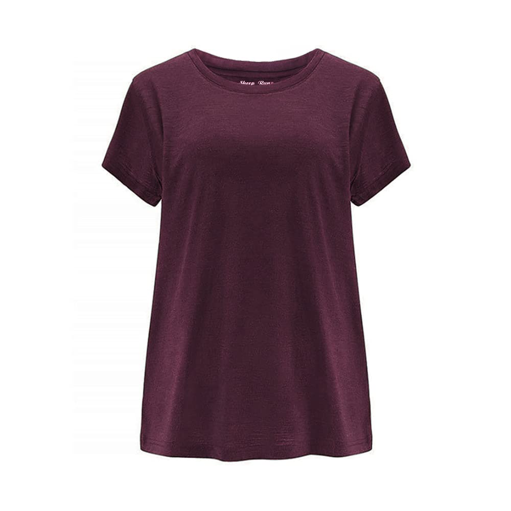 SHEEP RUN Womens Merino Wool T Shirt Breathable Wicking Hiking Yoga Loose Fit Base Layer Shirt (Mahogany, Large)