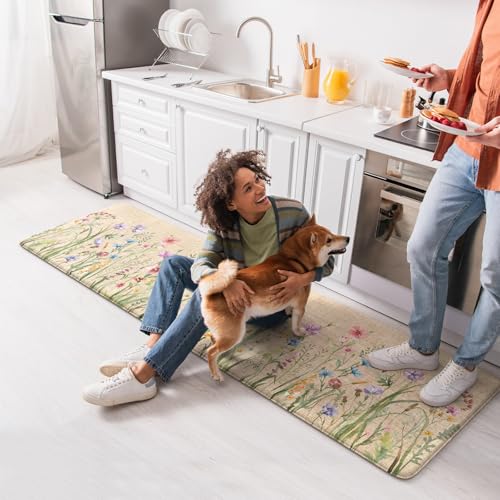 KIMODE Anti Fatigue Kitchen Mat, Cushioned Farmhouse Kitchen Runner, Non Slip Waterproof Kitchen Mat for Floor, Memory Foam Standing Desk Mat for Laundry, Office, Sink Brown 17.3"x59"