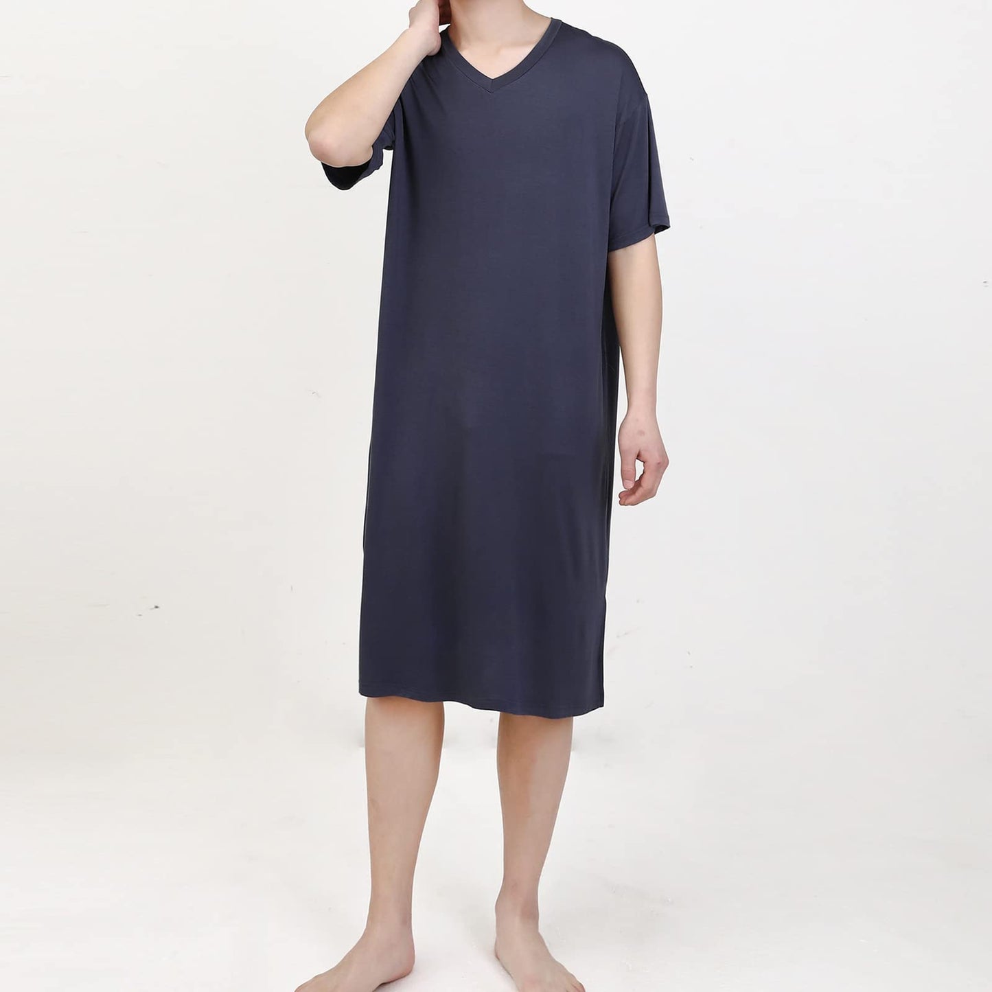 ASHER FASHION Mens Nightshirt Cotton Modal Nightgown V Neck Short Sleeve PJ Soft Long Sleepwear Loose Pajamas Sleep Shirt Deep Gray